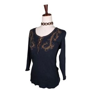 Vanilla Sugar Y2K Western Top Size S Rhinestones Ribbed Tie Front Long Sleeves